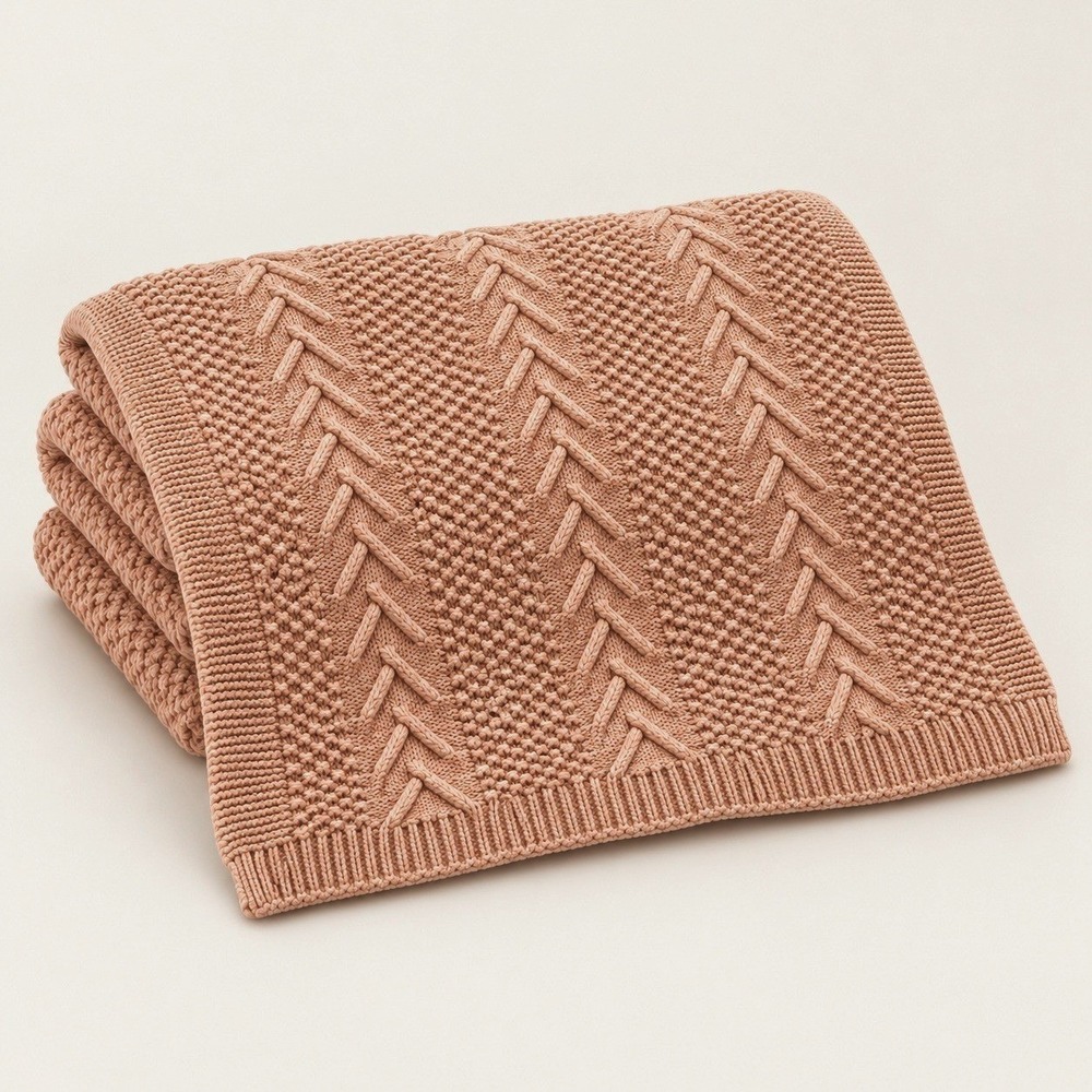 Sweet Acorn Organic Cotton Knitted Baby Blanket Dahlia Pink Chevron Cable Moss